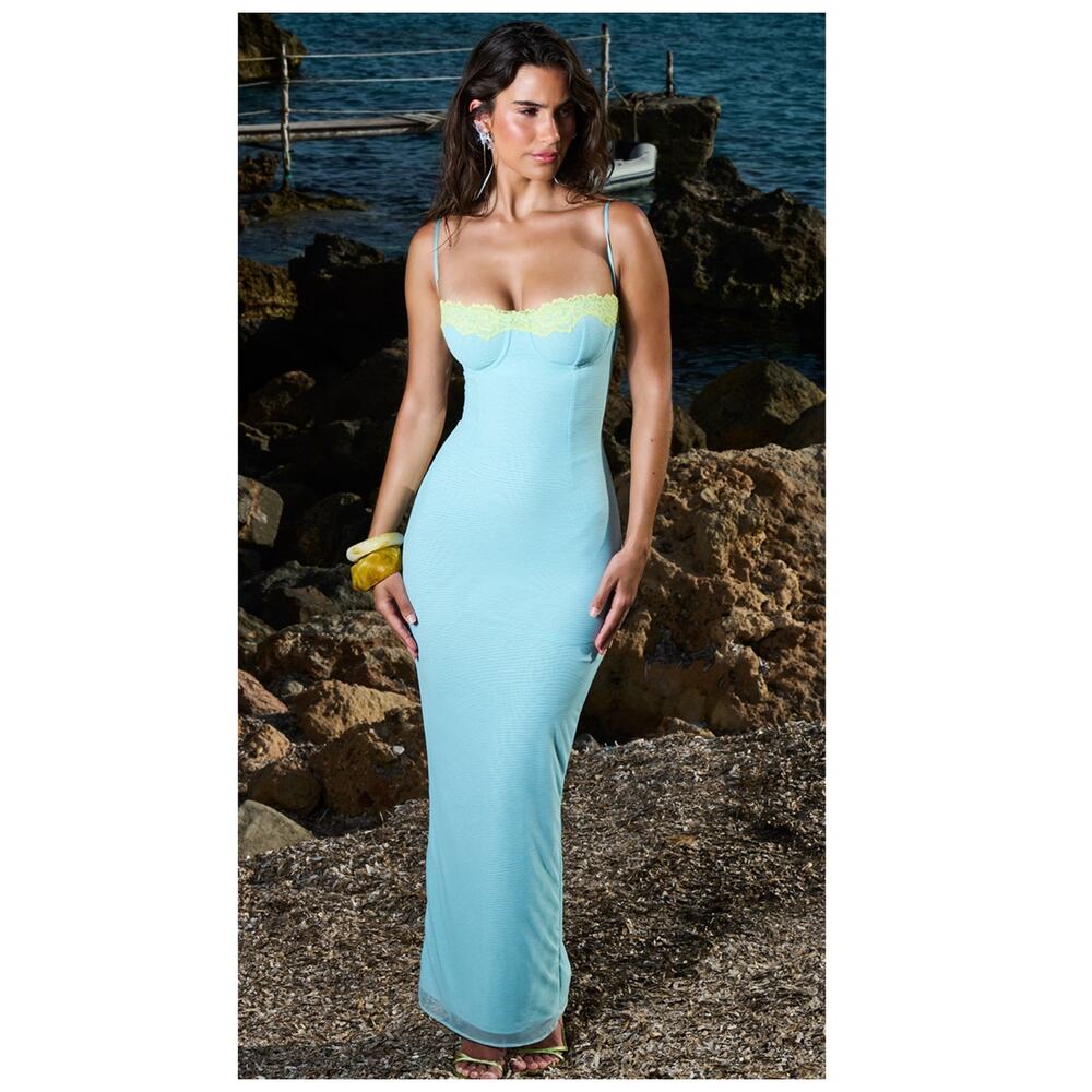 NEW HOUSE OF CB Aiza Ocean Blue Contrast Lace Maxi Dress Size XS